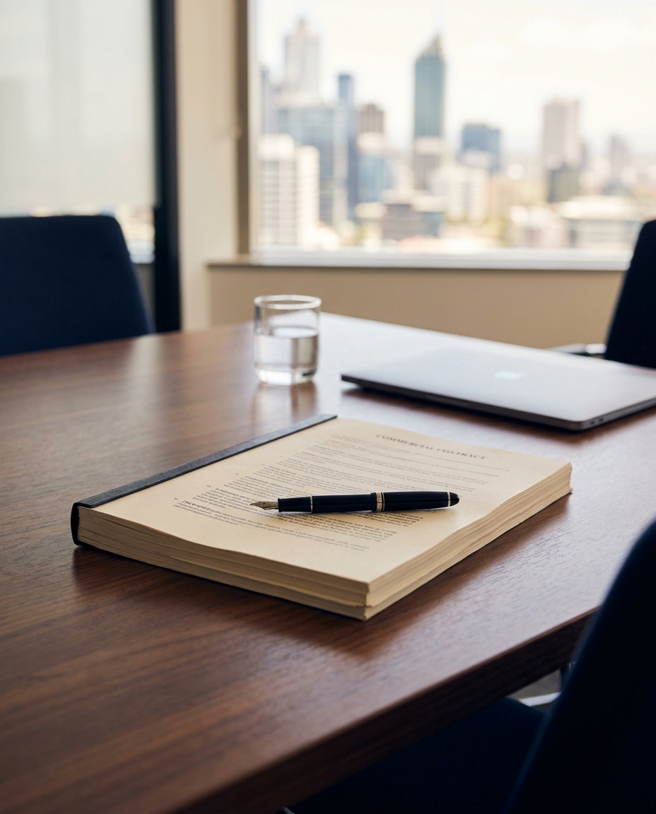 A commercial contract and fountain pen on a boardroom table with a city outlook behind