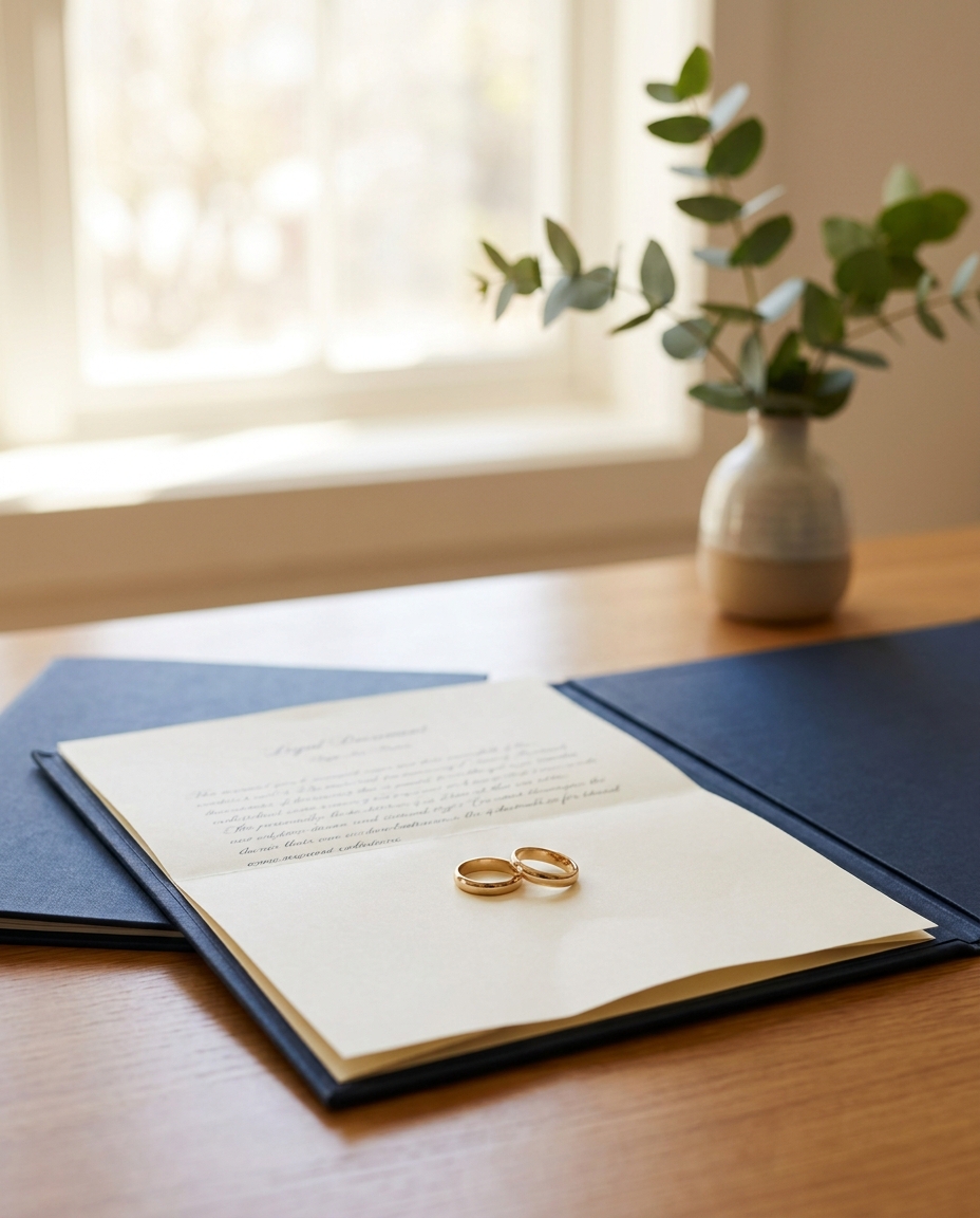 Two wedding rings placed on a folded document on a quiet desk