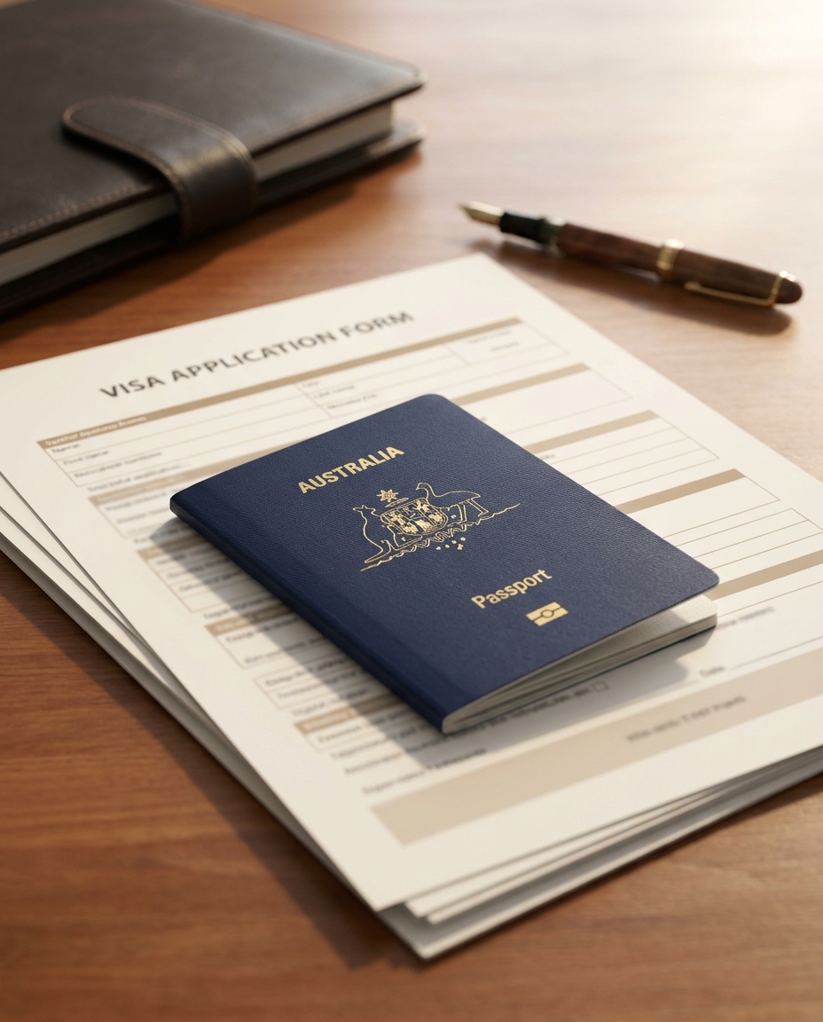 An Australian passport resting on visa application paperwork beside a pen on a timber desk