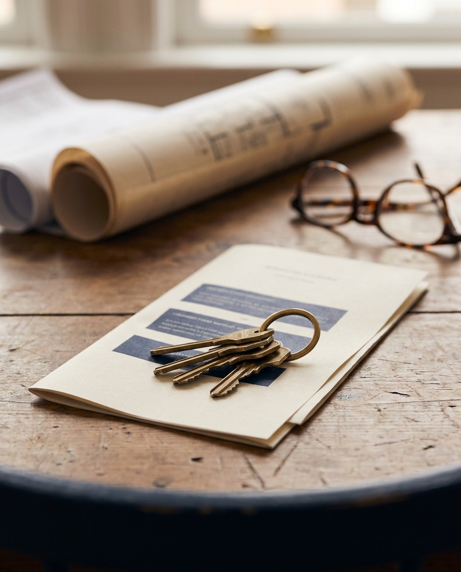 House keys resting on a property contract beside a small set of architectural plans